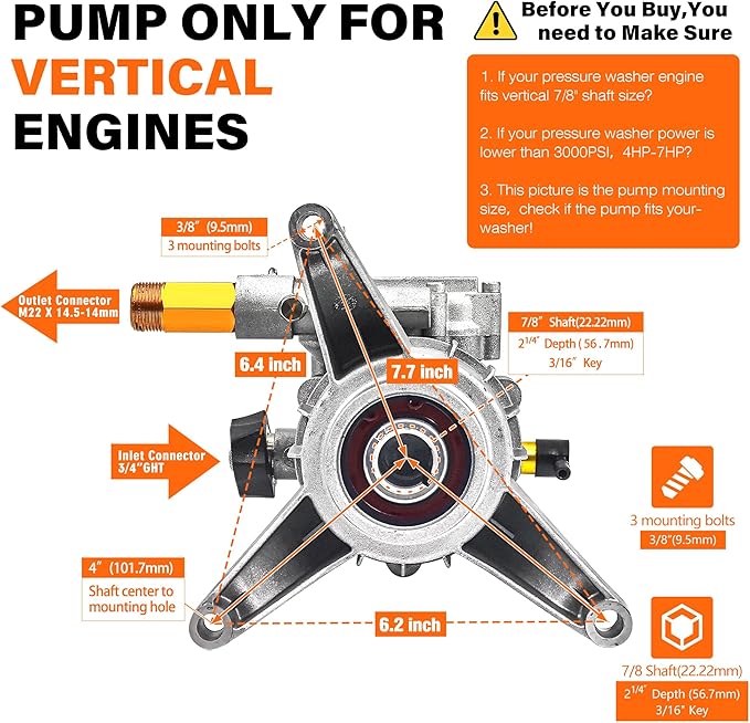 3000 Psi Pressure Washer Pump, 7/8" Shaft Vertical Power Washer Pump Replacement 2700-3000 PSI Universal Pressure Washer Pumps for Pressure Washer