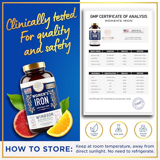 Iron and Folic Acid Supplements for Women - 35mg Gentle Iron Vitamin, Folic Acid 400mcg - Anemia, Period, Pregnancy Support Supplement, Ferrous Sulfate Pills - 180 Vegan Non-Constipating Tablets