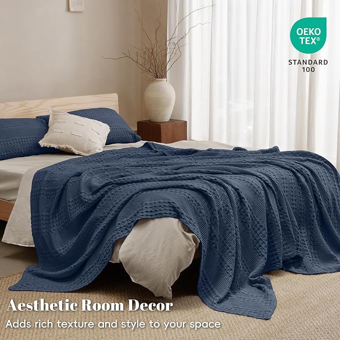 PHF 100% Cotton Waffle Weave Blanket King Size, Lightweight Breathable Summer Blanket for Hot Sleepers, Pre-Washed Soft Layer for Bed, Couch, Home Decor Gift, 108"x90", Indigo