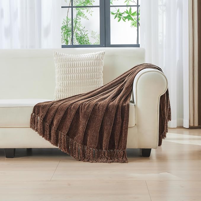 CozeCube Chenille Throw Blanket, Dark Brown Fringe Blanket, 50"X60" | For Couch, Cozy Plush Fuzzy Decorative Blanket with Fringe Tassels, Lightweight Throws for Bed Sofa Gift Home Decor