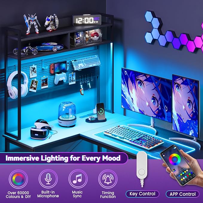 Apicizon L Shaped Gaming Desk 53" with Hutch, LED Light and Drawer | Carbon Fiber Surface, Storage Shelves, Pegboard with Hooks, PC Tower Stand, USB Charging Port, Home Office, Bedroom