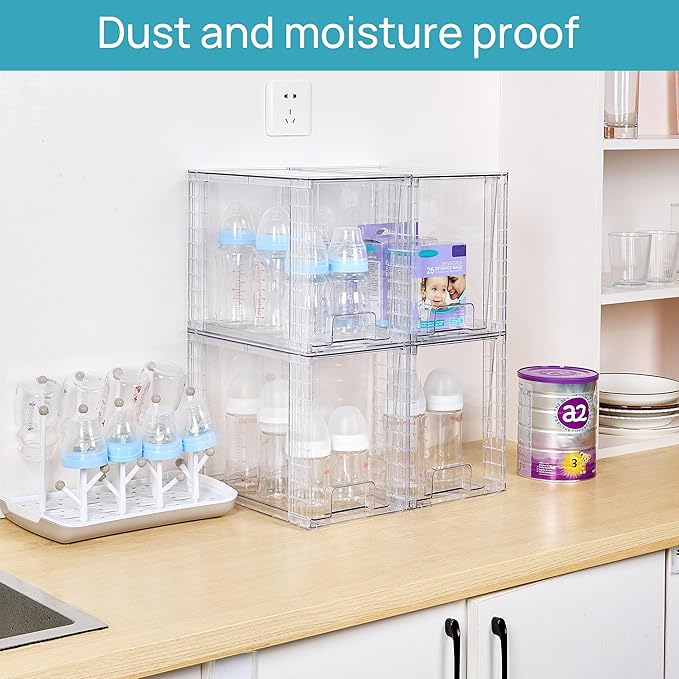 Vtopmart 4 Pack Clear Stackable Storage Drawers,9.7" High Plastic Organizers Bins for Skincare, Bathroom Supplies,Ideal for Cabinet,Undersink,Vanity,Kitchen,Pantry Organization