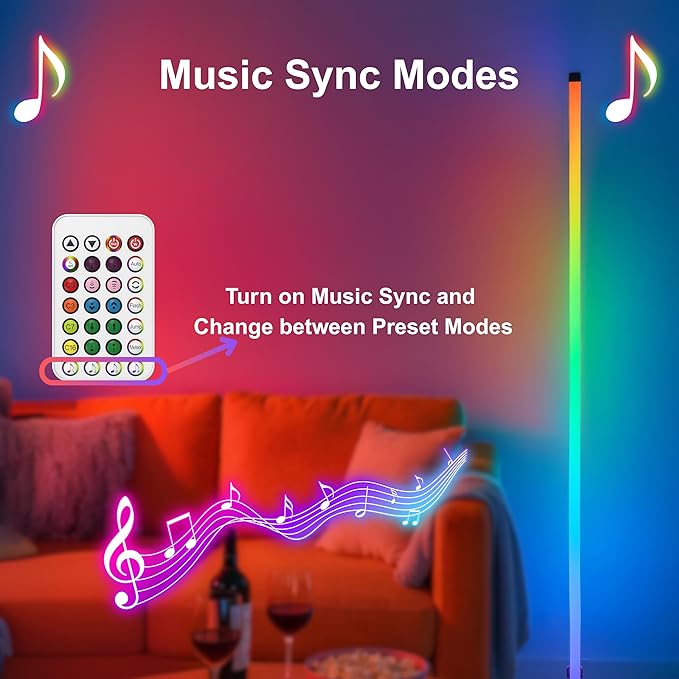 RGBICW LED Corner Floor Lamp 58'' with Music Sync, Remote Control, Color-Changing Ambient Lighting for Living Rooms, Gaming, Home Office (Corner Base)