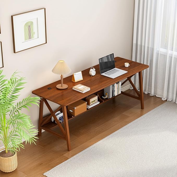 NELYE Extra Long Writing Desk with Bookshelf, 47" Wx16 Dx30 H, Walnut | Wooden Home Office Work Study Table, Computer Gaming Workstation with Storage Shelf, Sturdy MDF Resists Wobble