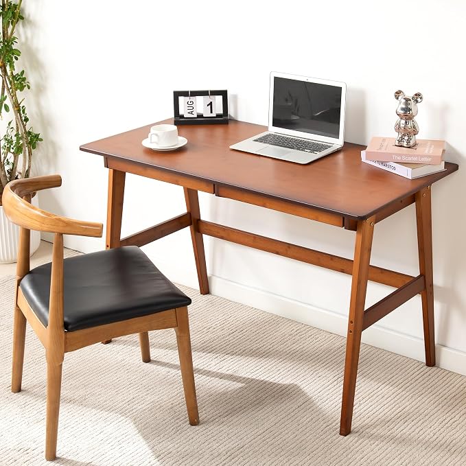 Nnewvante 46" Bamboo Writing Desk with Drawers for Home Office, Brown | Work Study Laptop Table, Computer Desk with Storage for Bedroom, Modern Simple Style