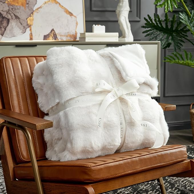 Cozy Bliss Faux Fur Throw Blanket for Couch, Fuzzy Soft Plush Thick Bubble Blanket for Sofa Bedroom Living Room, 90 * 90 Inches Cream White