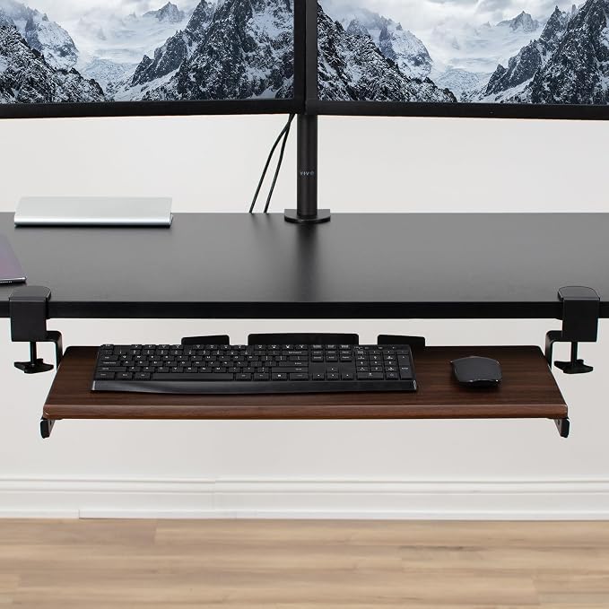 VIVO Dark Walnut Large 27 x 11 in Under Desk Keyboard Tray, MOUNT-KB05D | Keyboard Tray for Typing, Slide Out Platform, Extra Sturdy C-Clamp Mount System, Computer Drawer, Black Frame