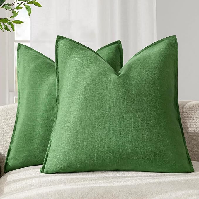Foindtower Pack of 2, Decorative Linen Solid Throw Pillow Covers Soft Accent Euro Cushion Case Boho Farmhouse Pillowcase for Chair Couch Sofa Bedroom Living Room Home Decor 26 x 26 Inch Forest Green