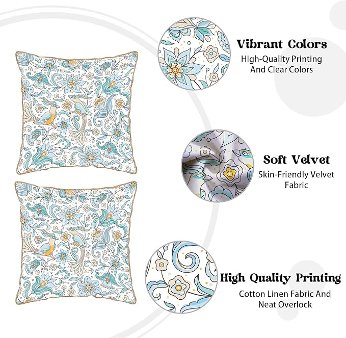 KSLIDS Vintage Floral Soft Velvet Throw Pillow Covers Set of 2 Blue Yellow Flower Birds Decorative Pillow Covers 20x20 Inch Chinoiserie Country Pillow Case for Sofa Couch Bedroom Farmhouse Home Decor