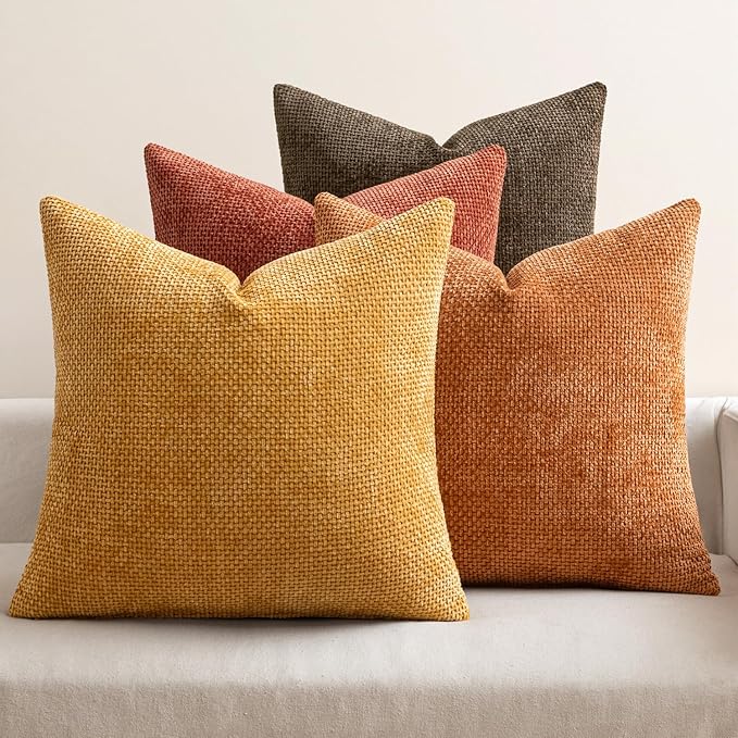 MIULEE Pack of 4 Orange/Yellow Couch Throw Pillow Covers 18x18 Inch Halloween Soft Decorative Chenille Pillows Farmhouse Accent Cushions for Boho Fall Home Decor Sofa Bedroom Living Room
