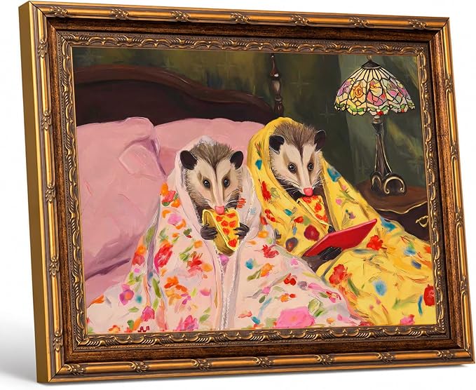 Gold Framed Funny Opossum gifts Wall Art Cute Possum Eating Pizza Print | Whimsical Cute Possum ,Vintage Animal Picture Wall Decor Canvas Painting for Living Room Bedroom Bathroom Office, 8x10 In