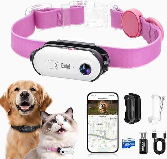 4K UHD Cat& Dog Pet Camera Collar, Video Recorder with Phone App Live View, Outdoor & Indoor POV Action Cam for Kitty and Big Cats(White - Pink Waterproof Collar - S, 128g)