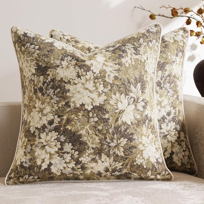 Pack of 2 Vintage Floral Throw Pillow Covers 16x16 Boho Farmhouse Accents Chenille Square Decorative Pillow Cases for Living Room Couch Bed Home Decor, Beige