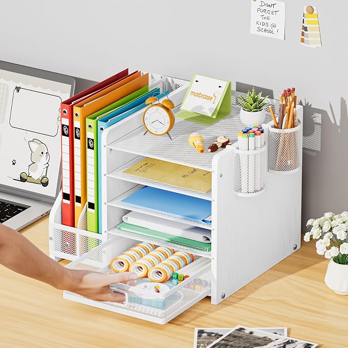 Marbrasse Desk Organizer with File Holder, 5-Tier Paper Letter Tray Organizer with Drawer and 2 Pen Holder, Mesh Desktop Organizer and Storage with Magazine Holder for Office Supplies (Wood-White)