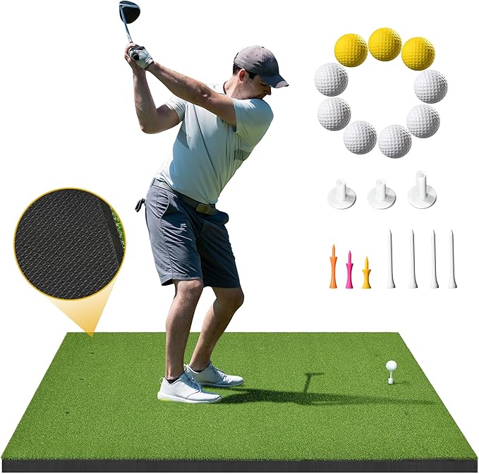 5x4ft Golf Hitting Mat, Thickened 21mm/31mm/36mm Artificial Turf Golf Practice Mats for Indoor Outdoor Backyard Driving Swing Training with 9 PU Balls, 3 Rubber Tees, 7 Tees