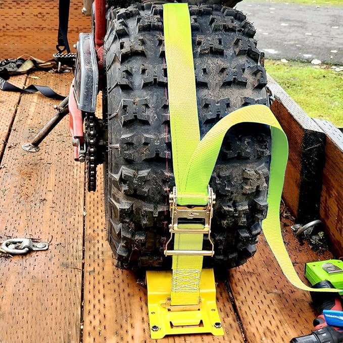 Wheel Chock Tie Down Kit 1500LBS for Trailer & Pickup Trucks - ATV, RZR, Lawn Mower, UTV Tie Down Straps -Heavy Duty Trailer Tire Straps System (4-Wheel Set)
