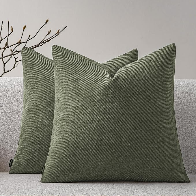 a moment Pack of 2 Decorative Chenille Throw Pillow Covers with Twill Cushion Covers for Sofa Living Room Couch Bed 18x18 Inch Olive Green