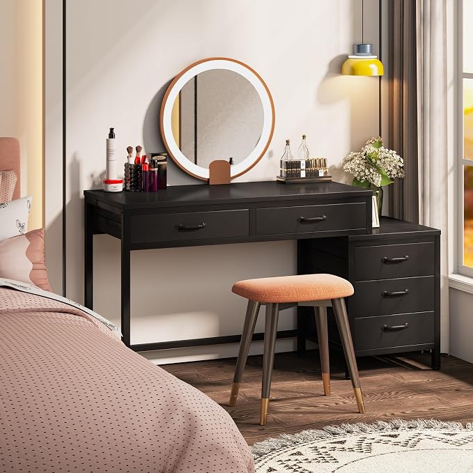 Tribesigns Computer Desk with 5 Drawers, Reversible Home Office Desks | Small Desk with Drawer Cabinet Printer Stand, PC Desk with Storage, Black Study Writing Table Workstation for Small Spaces