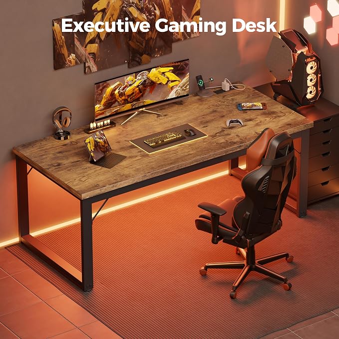 Mericonia 54 Inch Computer Desk with Power Outlets, 1.2" Thick Office Table | Modern Simple Style, Heavy Duty Industrial Frame, Study & Writing Table for Home Bedroom Work, Brown