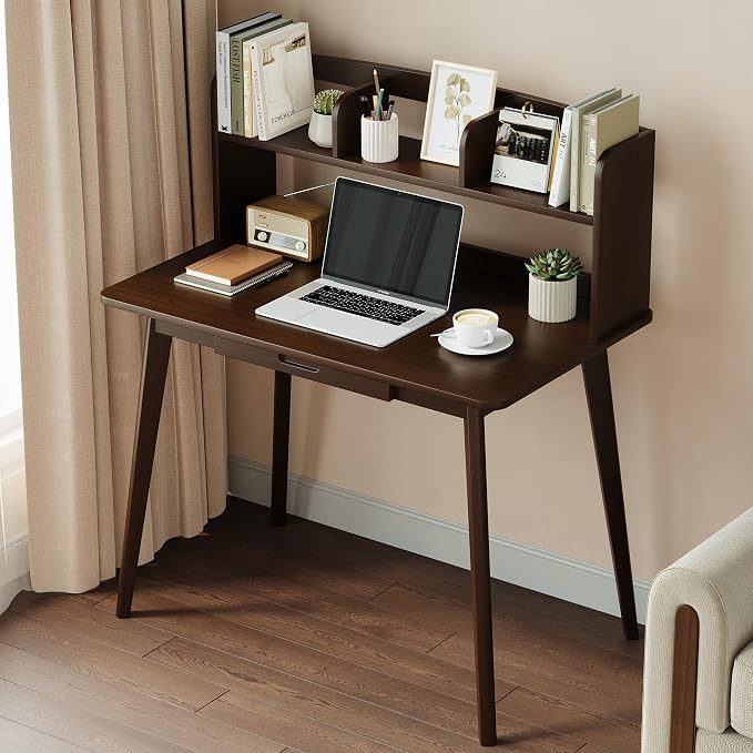 IOTXY Small Writing Desk with Hutch - 39.4" Work Computer Study Table | Black Walnut, Storage Drawer, Space-saving for Home and Office, with Bookshelves