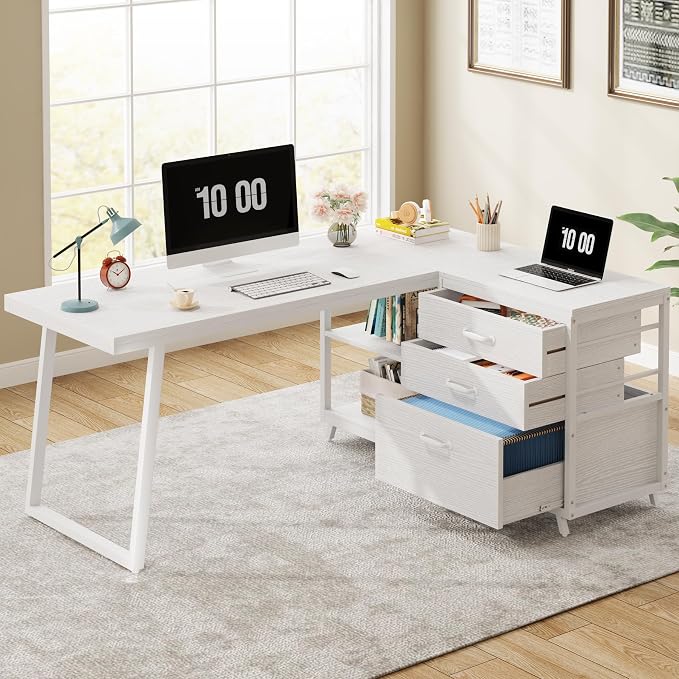 Tribesigns L-Shaped Computer Desk with 3 Drawers, Reversible Corner Home Office Desk with Shelves, 53-Inch Industrial PC Desk Study Writing Table Workstation for Small Space, White