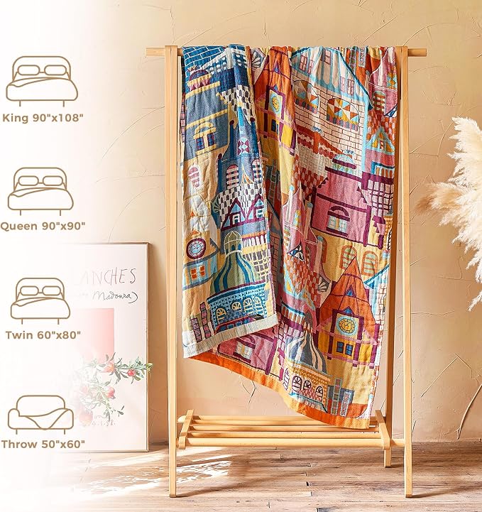 LUTBM Boho Throw Blanket for Couch 50"x60", Cotton Decorative Bed Throws | Reversible Classical Architecture Jacquard, All-Season Lightweight Soft Blankets, For Chair Sofa Bedroom Living Room Decor