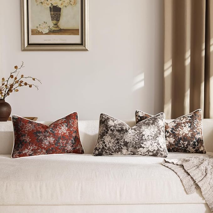 Pack of 2 Vintage Floral Pillow Covers 12x20 Boho Farmhouse Accents Chenille Rectangular Lumbar Decorative Throw Pillow Cases for Living Room Couch Bed Home Decor, Grey