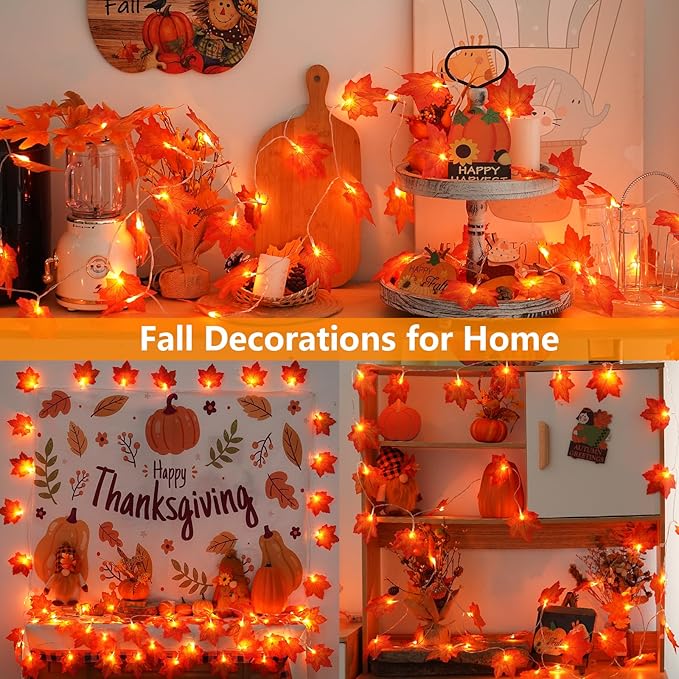 YEGUO 2 Packs Thanksgiving Decorations for Home, Fall Lights Battery Operated, Total 20ft 40 LED Lighted Fall Garland Maple Leaves for Holiday Autumn Harvest Fall Thanksgiving Halloween Decor