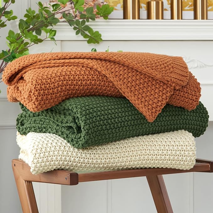 Chunky Cable Knit Throw Blanket Lightweight Olive Green 100% Organic Cotton Blanket for Sofa Couch Bed Baby Nursery, Rustic Shabby Chic Modern Farmhouse, 60” x 80” Give Laundering Bag