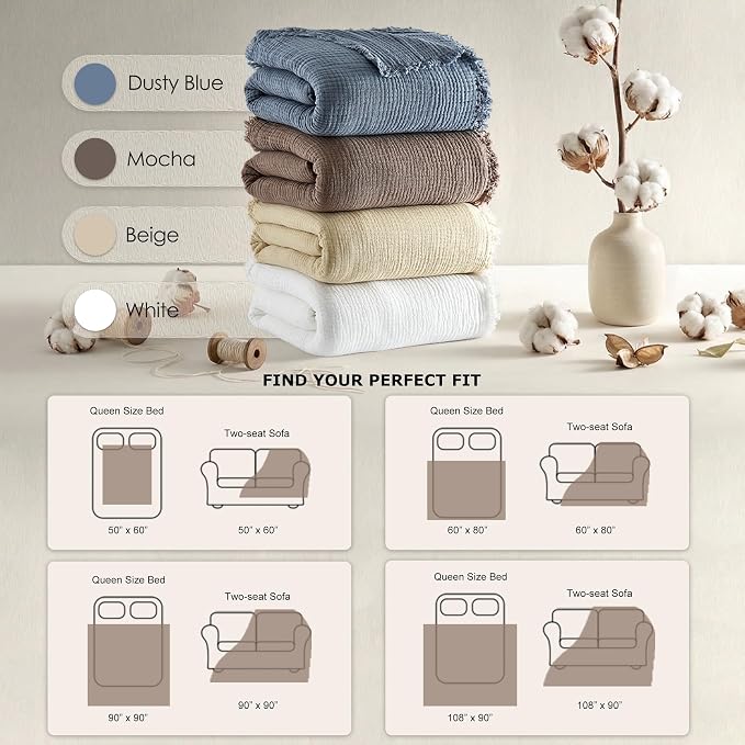 WDCOZY Muslin Blanket 100% Cotton Blankets Twin Size 4-Layer Breathable Lightweight Soft for Couch Bed Boho Farmhouse Linen Tassels Ruffle Gauze Blankets All Season for Adults 60x80 Inches White