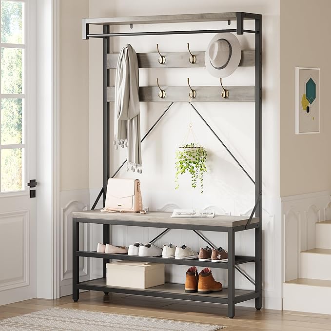 IDEALHOUSE Coat Rack Shoe Bench Industrial Hall Tree Storage Bench for Entryway Wood Look Accent Large Shoe Rack with Storage Shelf Hanging Bar,8 Hooks Grey 39.9"x15.7"x72"