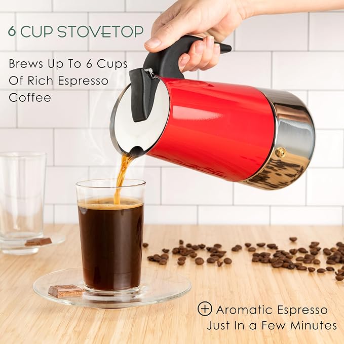 Mixpresso 6 Cup Greca Moka Pot Red Stainless Steel Stovetop Espresso Maker | 300ml/10oz Italian stovetop coffee maker with classic percolator design, ideal for preparing coffee at home or while camping