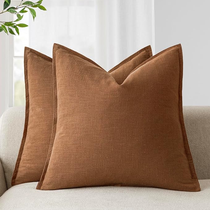 Foindtower Pack of 2, Decorative Linen Solid Throw Pillow Covers Soft Accent Cushion Case Boho Farmhouse Pillowcase for Chair Couch Sofa Bedroom Living Room Home Decor 24 x 24 Inch Orange Brown