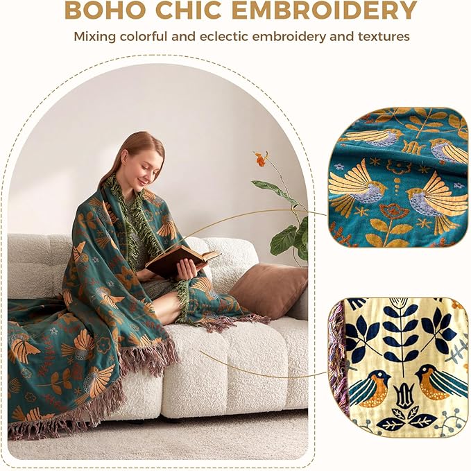 LUTBM Queen Throw Blanket for Bed, 100% Cotton Boho Soft Quilt Room Decor | Reversible Floral Bird Jacquard, 90"x90" All-Season Bedspread, For Chair Sofa Couch Bedroom, Lightweight Breathable Gauze