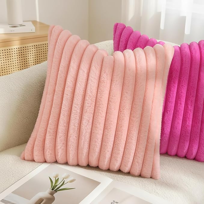 decorUhome Fall Faux Fur Throw Pillow Covers 20x20 Set of 2 Hot Pink | Decorative Soft Cozy Striped Plush Modern Farmhouse Boho Couch Pillow Cases Velvet Back for Sofa Bed Living Room Home Decor
