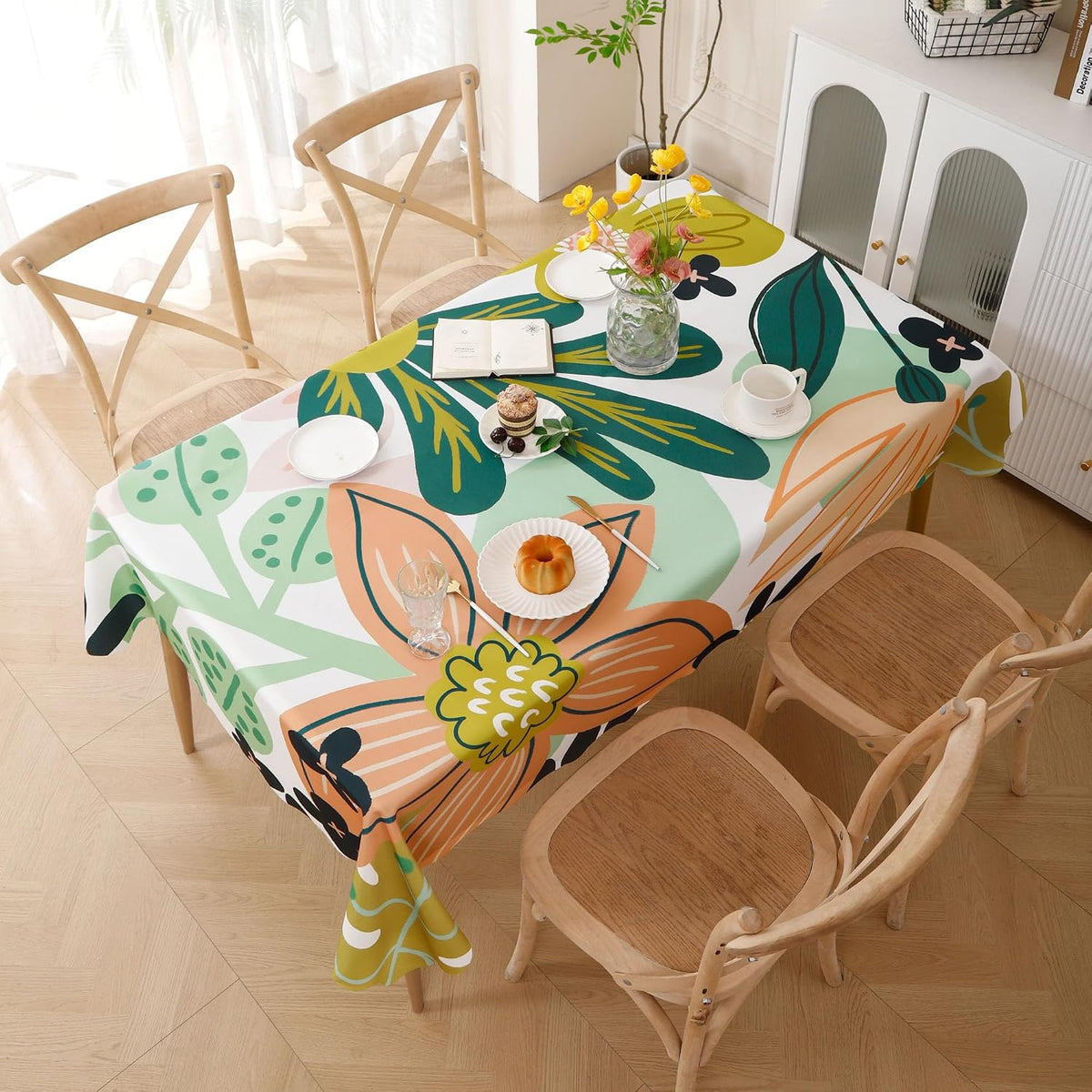 Tyrot Scalloped Boho Floral Rectangle Table Cloth Farmhouse Waterproof Stain Resistant Tablecloth Mid Century Botanical Indoor Outdoor Table Covers for Kitchen Dining/Party, 60x84, Green Pink