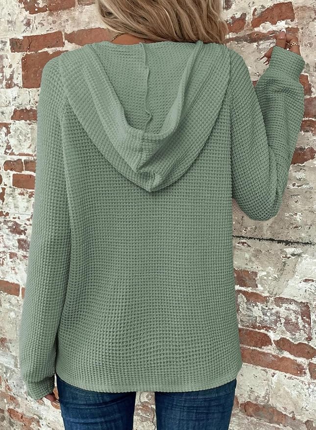 Dokotoo Hoodies for Women Waffle Knit Long Sleeve Drawstring Button V Neck Casual Sweatshirt Hooded Tops Fashion Clothing