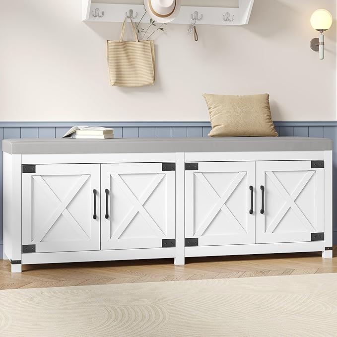 Shoe Storage Bench, 2 Tier Shoe Bench with Padded Seat Cushion & 4 Barn Doors, 59" Entryway Bench with Adjustable Shelf, Farmhouse Shoe Cabinet for Living Room, Bedroom, White SB31503GY