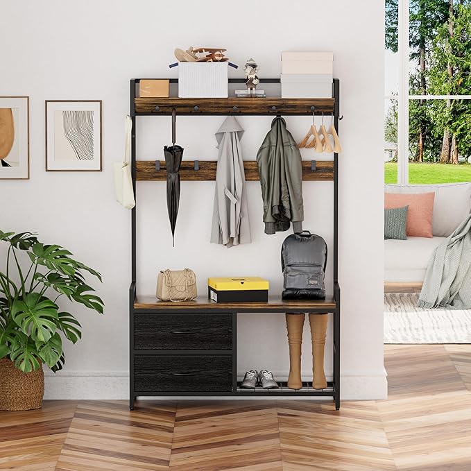 Entryway Halltree Organizer Bench Rack System Featuring Two Slide Drawers, Triple Shoe Tiers, Upper Guarded Shelf, Hanging Rod, TwentyThree Hooks, Adjustable Feet, AntiTip Hardware, Rustic Style