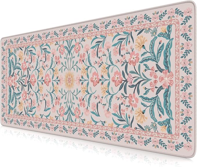iCasso Aesthetic Desk Mat,31.5x11.8in Mouse Pads, Pink Floral | Anti-Slip Mousepad with Stitched Edges, Waterproof Computer Pad , Desk Accessories Office Decor for Women