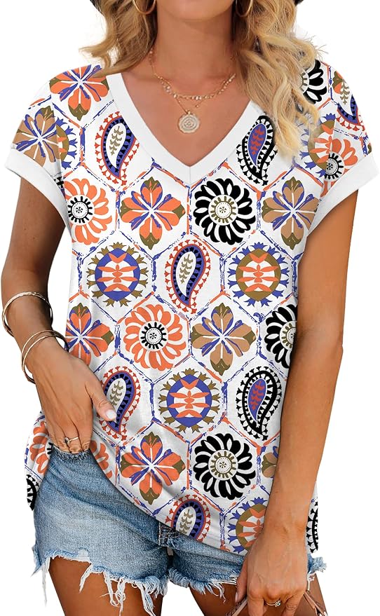 WIHOLL Womens Summer Tops 2026 Cap Short Sleeve Shirs V Neck T Shirts Fashion Beach Vacation Clothes Color Block