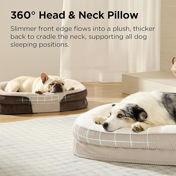 Bedsure Orthopedic Dog Bed Medium Size Dog - 360° Oval Bolster Medium Dogs Beds for Senior Dogs with Waterproof Washable Cover, Comfort Pet Sofa Couch with Ultra-Soft Fleece, Beige, 30"