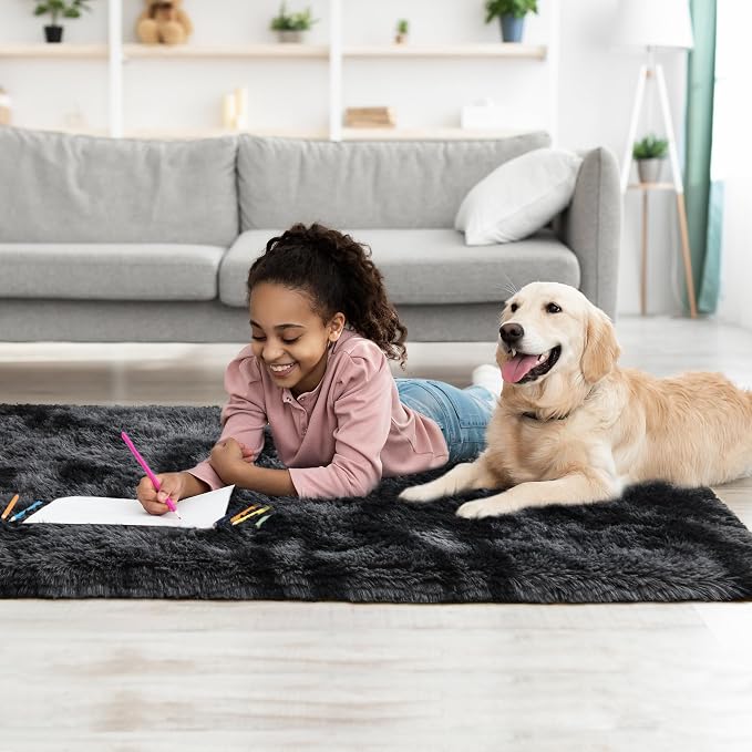 Tepook Fluffy Runner Rugs for Bedroom Aesthetic 2x6 Feet, Shag Soft Bedside Rug with Non-Slip Bottom, Fuzzy Plush Carpet for Room, Hallway Rug for Nursery Dorm Indoor Home Decor, Tie-dye Dark Grey
