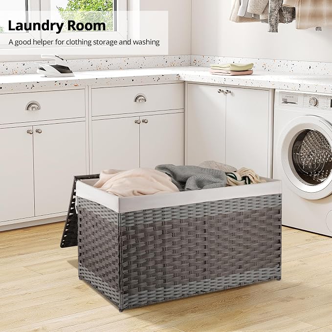 OIAHOMY Storage Basket with Lid, 42.3 Gallon (160L) Blanket Basket with Removable Liner Bag, Synthetic Wicker Hamper with Handle, Foldable, Hamper for Living Room, Grey