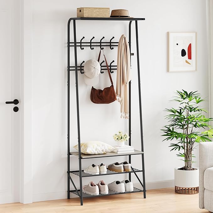 Coat Rack Hall Tree with Shoe Storage Bench, 4-in-1 Entryway Bench with 6 Hooks & 3-Tier Shoe Rack, Metal Frame for Entryways, Freestanding Coat Racks Storage for Entryway, Hallway, Front Door