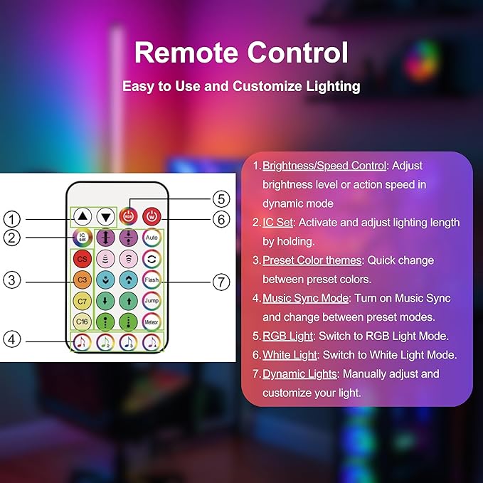 RGBICW LED Corner Floor Lamp 58'' with Music Sync, Remote Control, Color-Changing Ambient Lighting for Living Rooms, Gaming, Home Office (Corner Base)