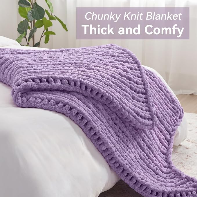 Negwoo Chunky Knit Throw Blanket, Knitted Throw Chenille Yarn, 30"*40" | Soft Thick Cable Knitted Blankets, Handmade Big Thick Blanket,Machine Washable Cute Comfy Blanket for Home Decor,Light purple