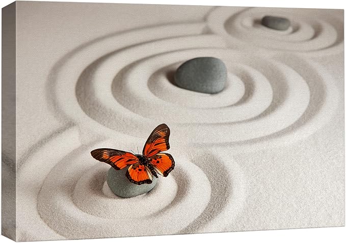 wall26 Canvas Print Wall Art Zen Garden with Stones & Monarch Butterfly Nature Wilderness Photography Realism Chic Scenic Relax/Calm Multicolor for Living Room, Bedroom, Office - 12"x18"