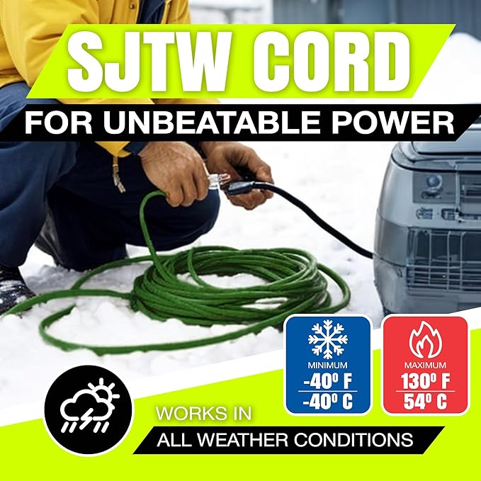 50ft Outdoor/Indoor Extension Cord 12/3 Gauge Extra Heavy Duty 3 Prong SJTW, Waterproof, Flexible Cold-Resistant Long Power Cord,15A 125V 1875W, Green by LifeSupplyUSA