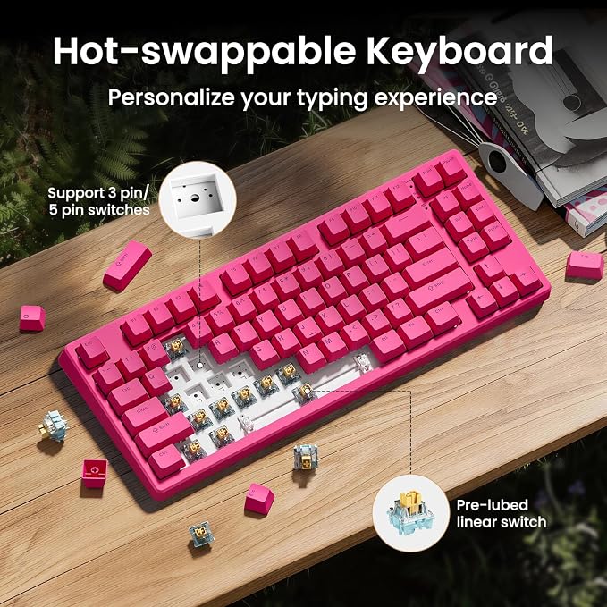 Kisnt KN85 Wireless Silent Mechanical Keyboard, 75% Layout, Bluetooth/2.4GHz/USB-C, Custom RGB Backlit, Hot Swappable, Quiet Typing for Windows/Mac/PC (Berry Red)
